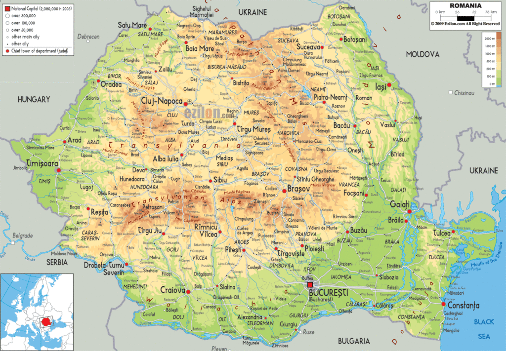Romania physical map.