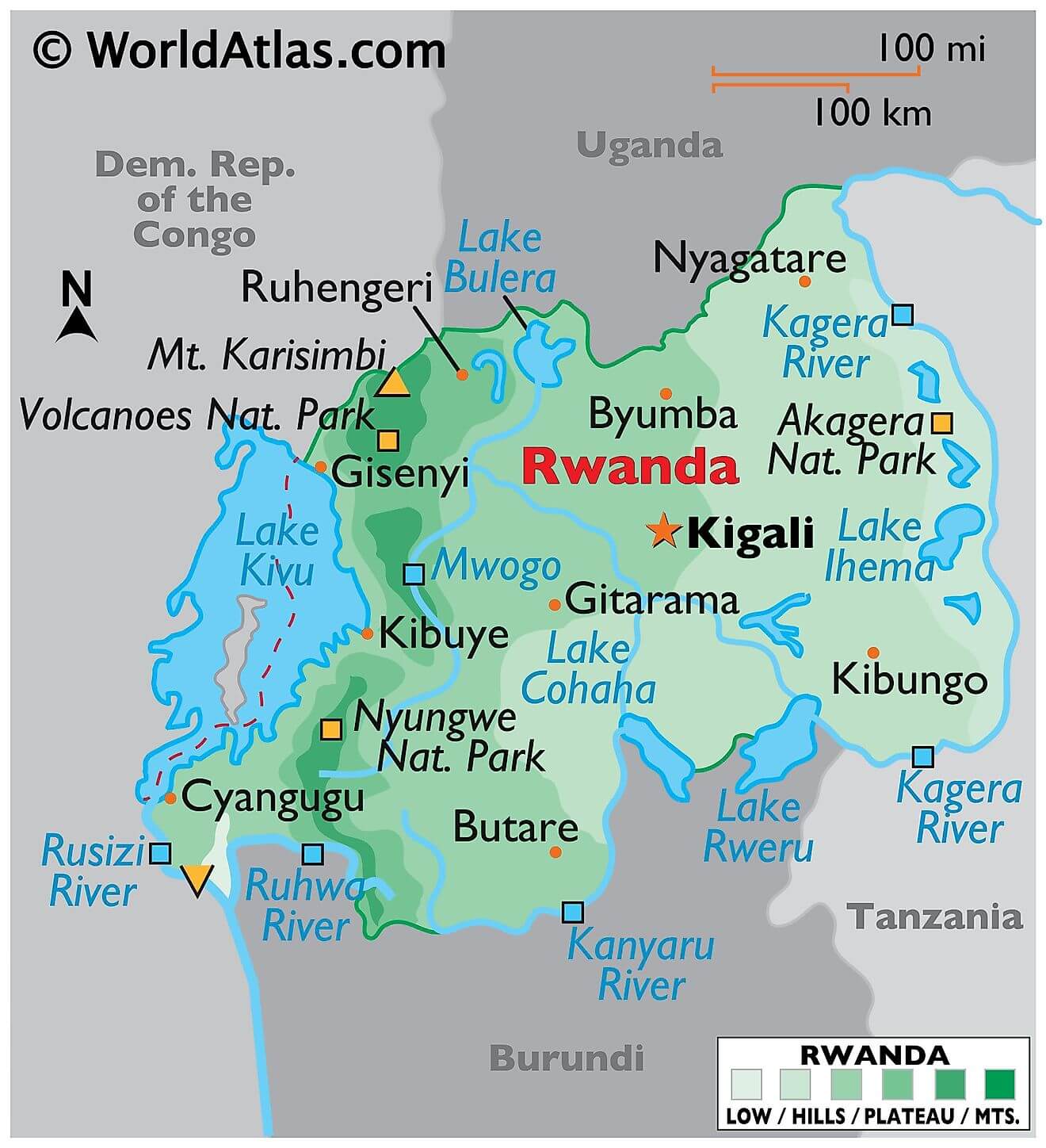 Bản đồ vật lý của Rwanda