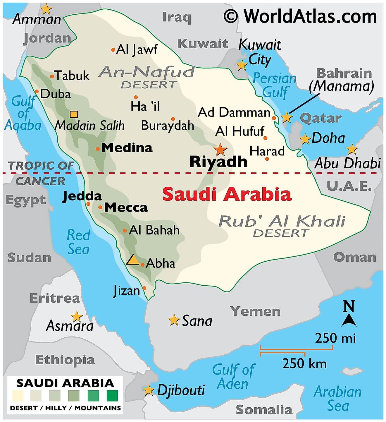 Bản đồ vật lý của Ả Rập Saudi