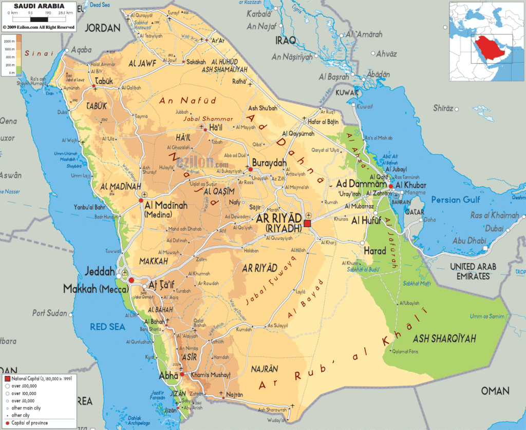 Saudi Arabia physical map.