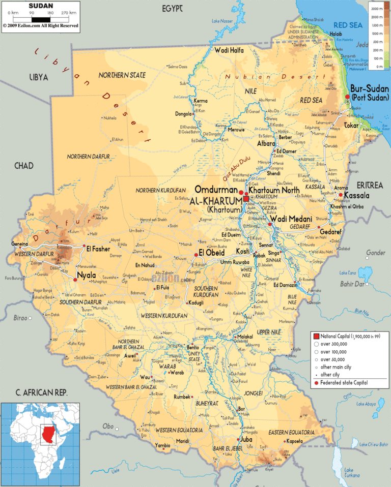 Bản đồ tự nhiên Sudan khổ lớn