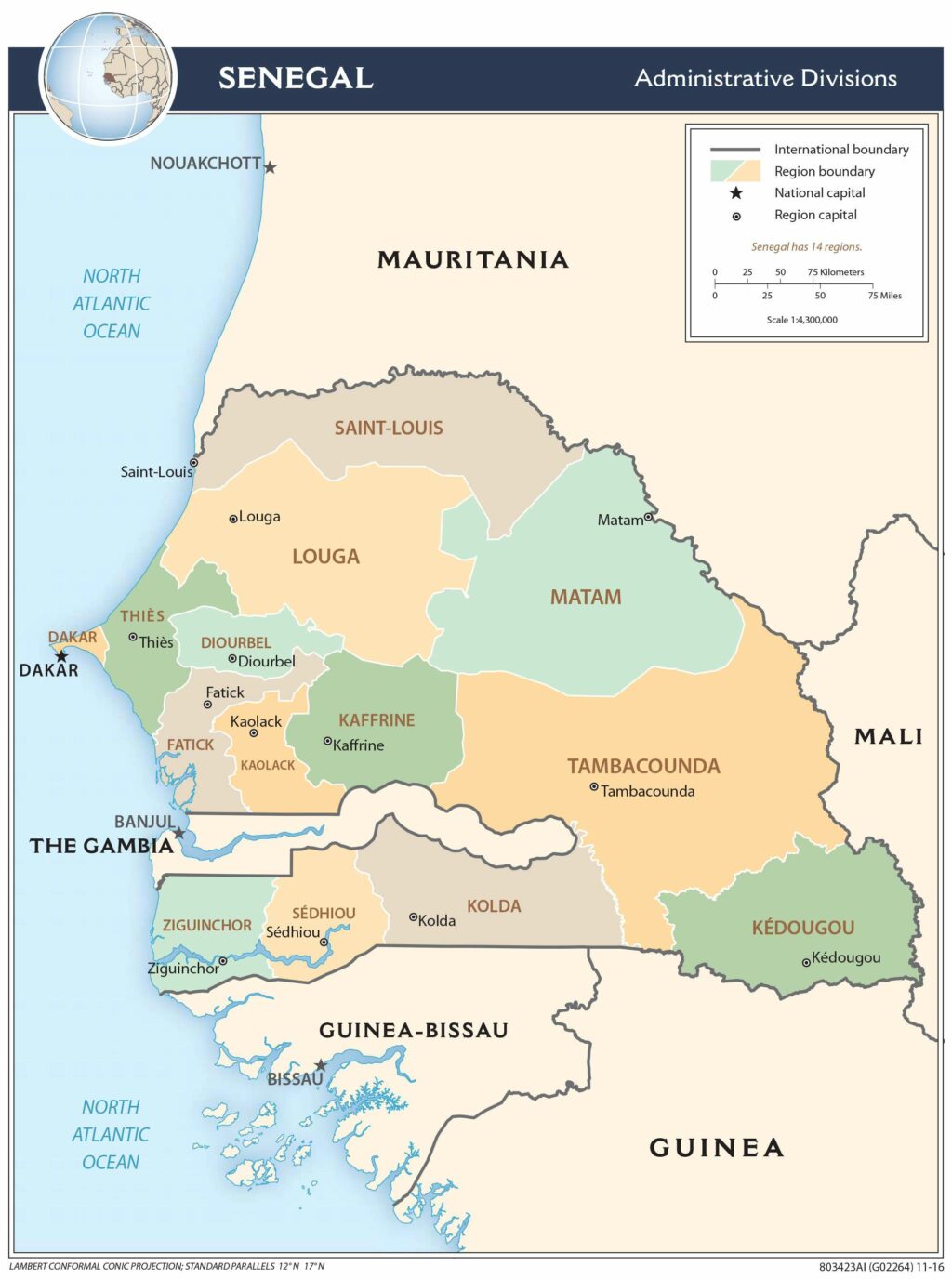 Senegal administrative map.