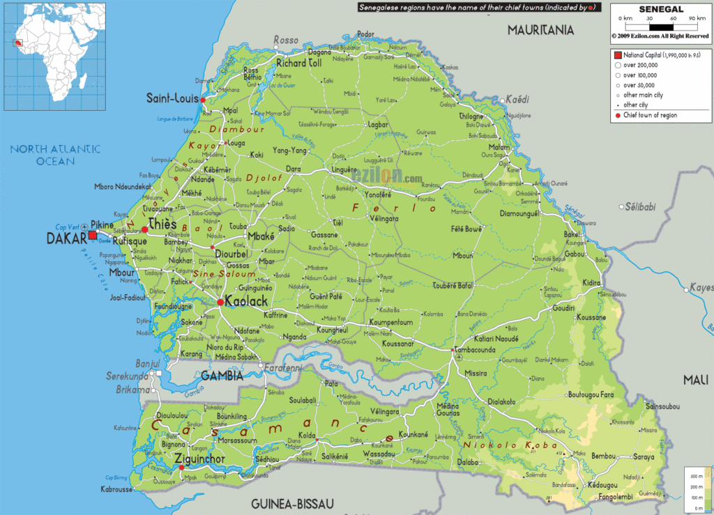 Senegal physical map.
