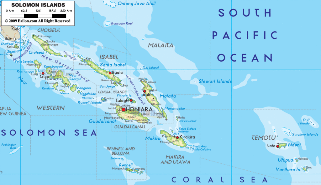 Solomon Islands physical map.