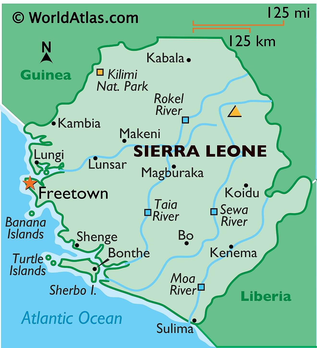Bản đồ vật lý của Sierra Leone