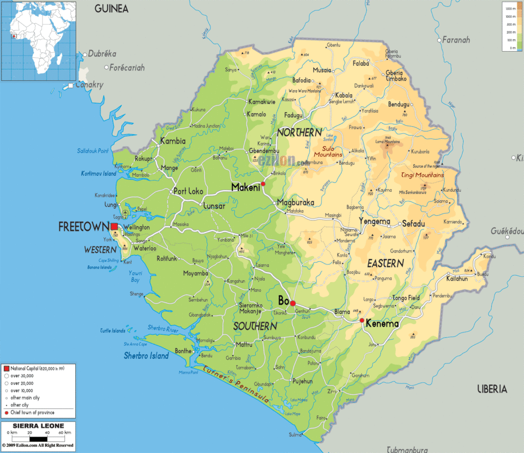 Sierra Leone physical map.