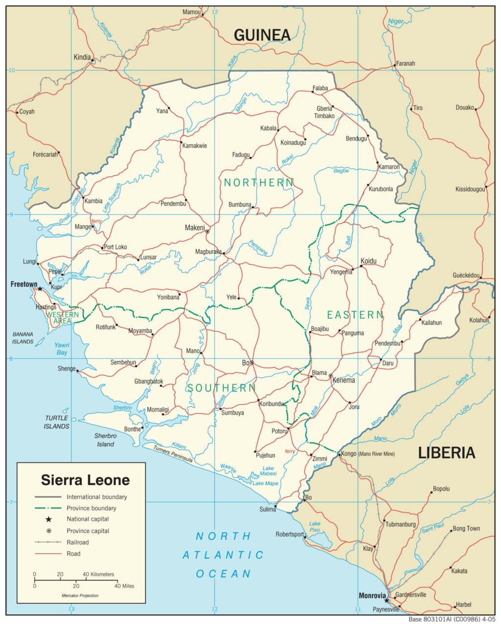 Sierra Leone physiography map.
