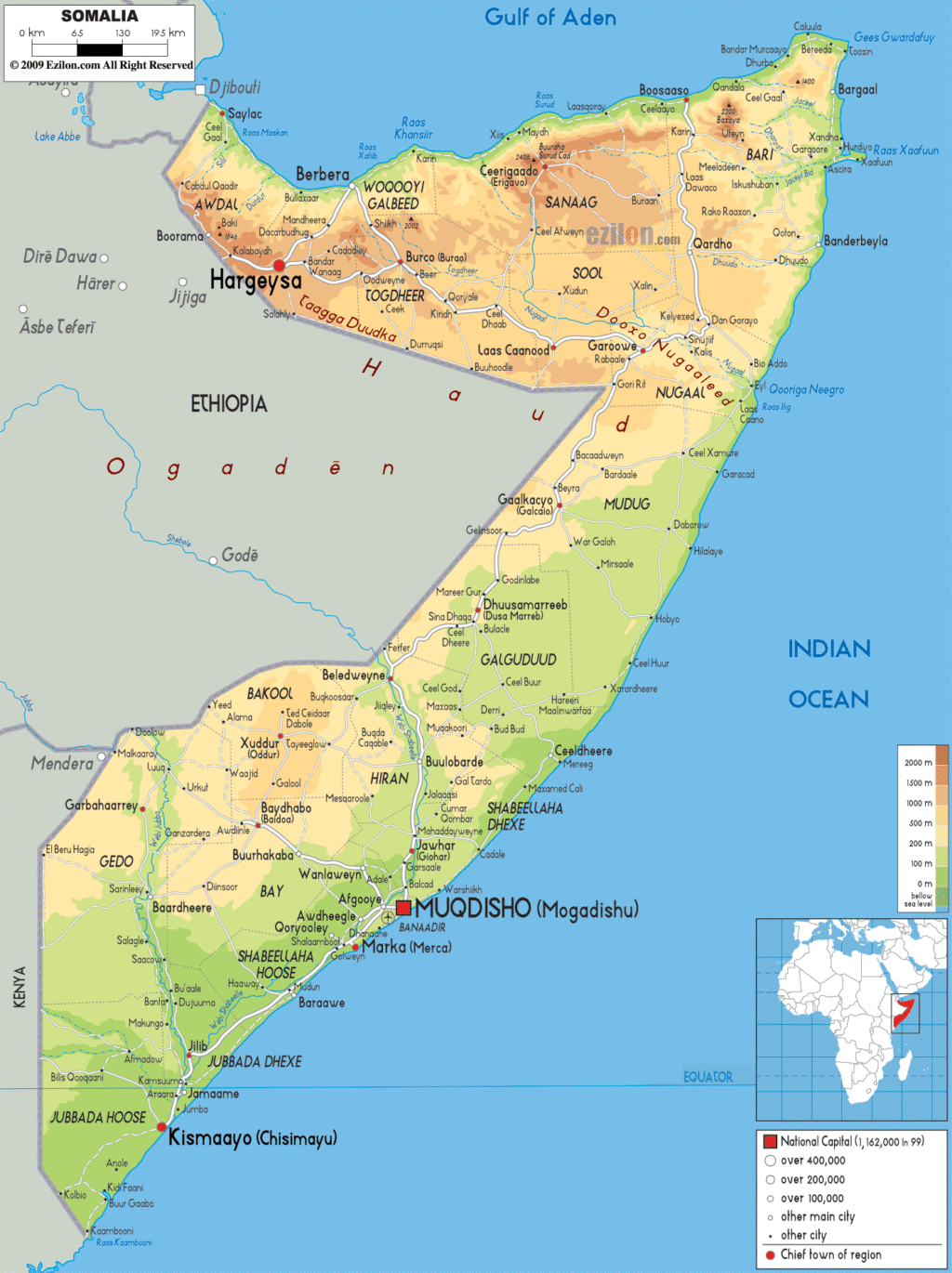 Somalia physical map.