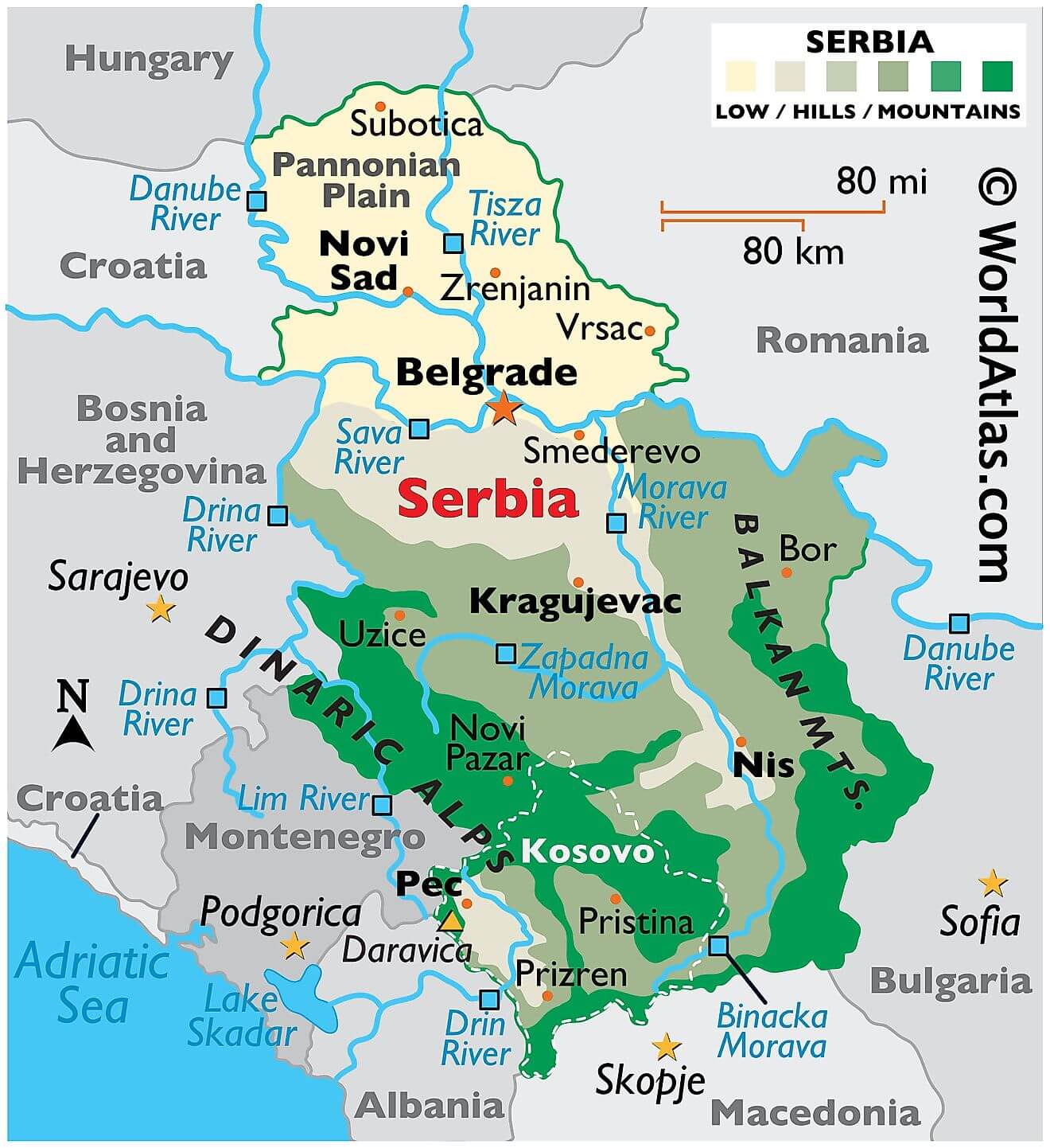 Bản đồ vật lý của Serbia