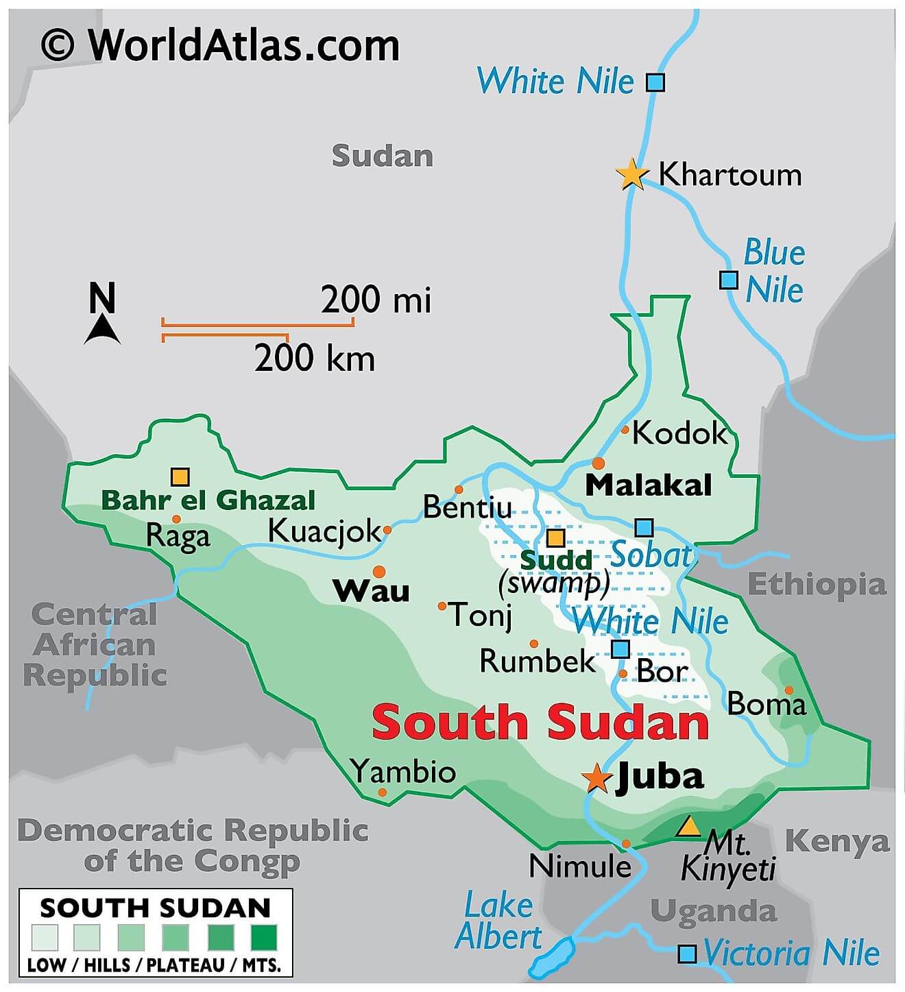 Bản đồ vật lý của Nam Sudan