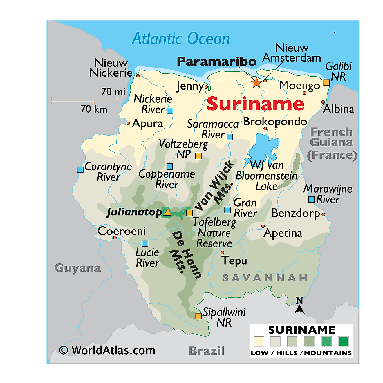 Physical Map of Suriname