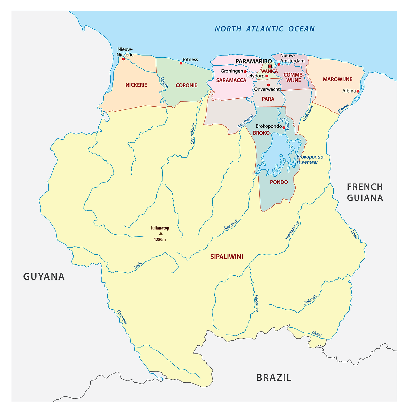 Các quận của Suriname Bản đồ