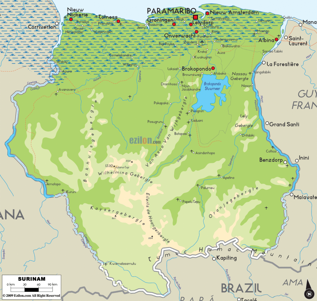 Suriname physical map.
