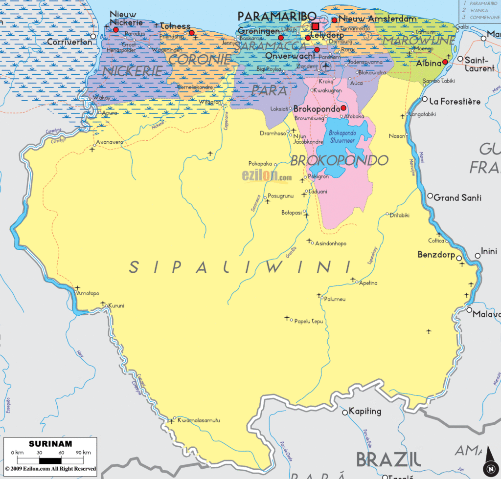 Suriname political map.