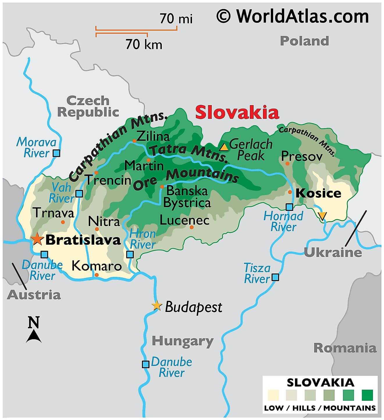Bản đồ vật lý của Slovakia