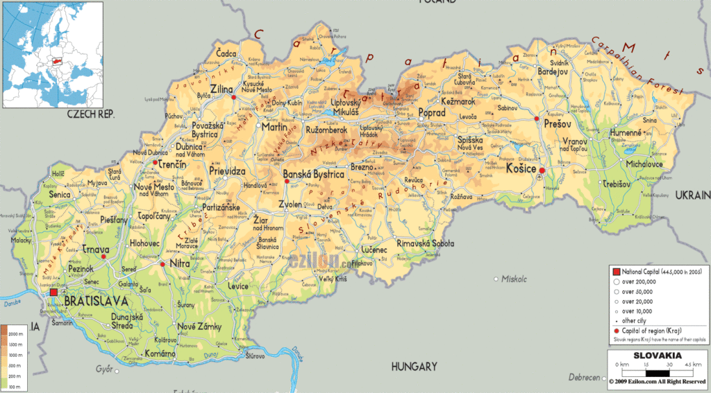 Slovakia physical map.