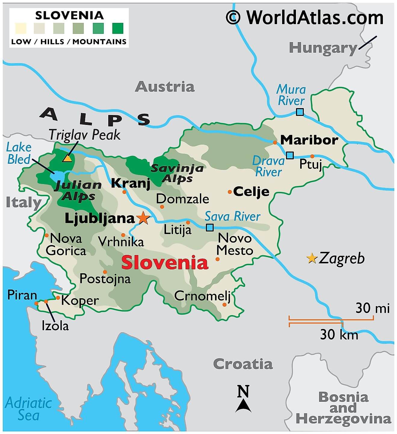 Physical Map of Slovenia