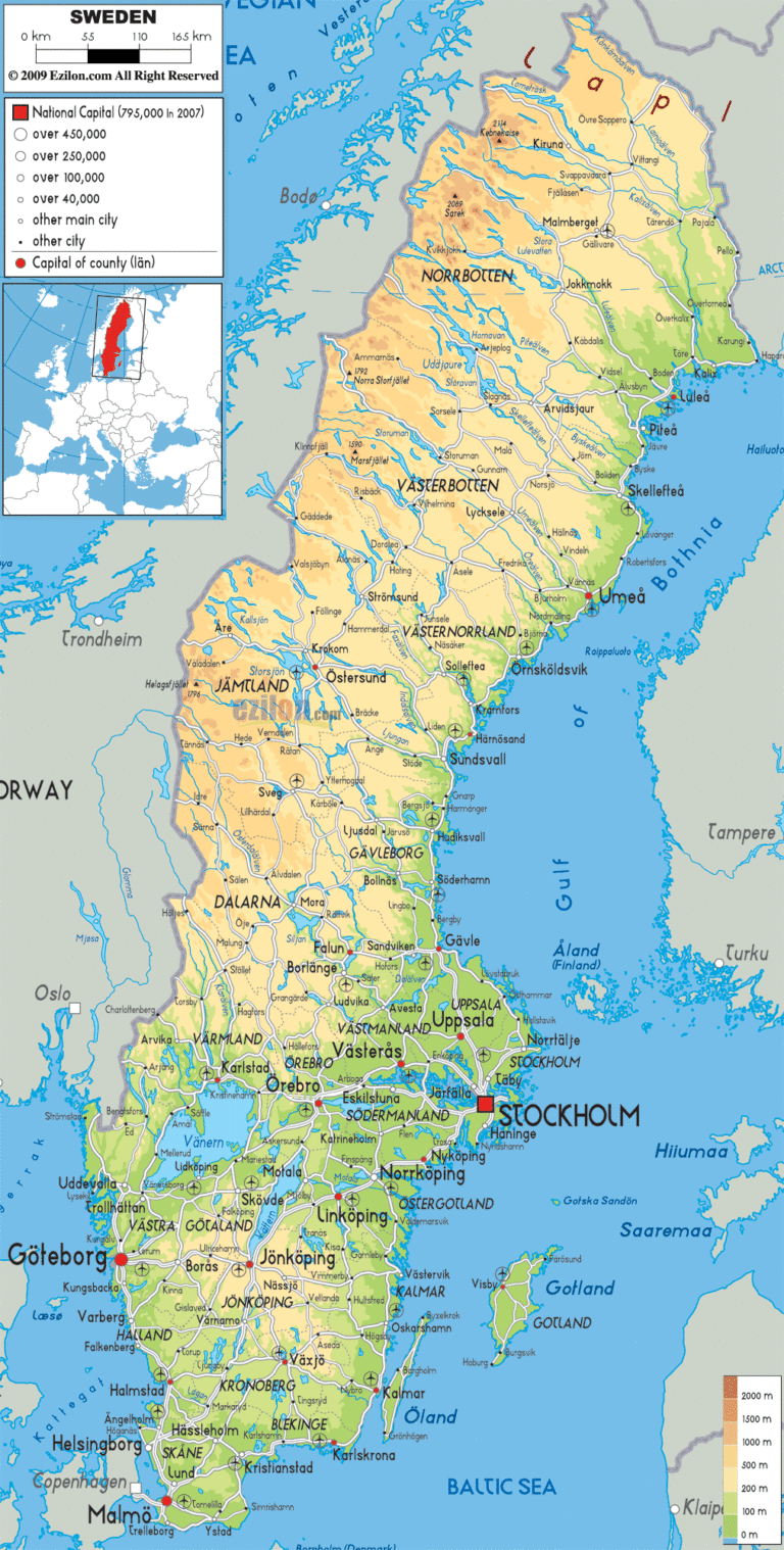 Bản đồ tự nhiên Thụy Điển khổ lớn