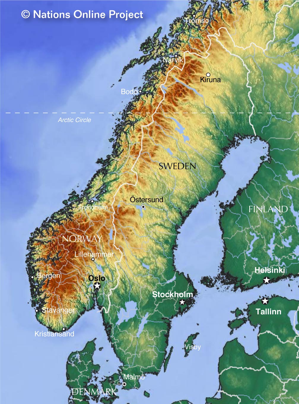 Bản đồ địa hình Bán đảo Scandinavi hiển thị Thụy Điển và Na Uy