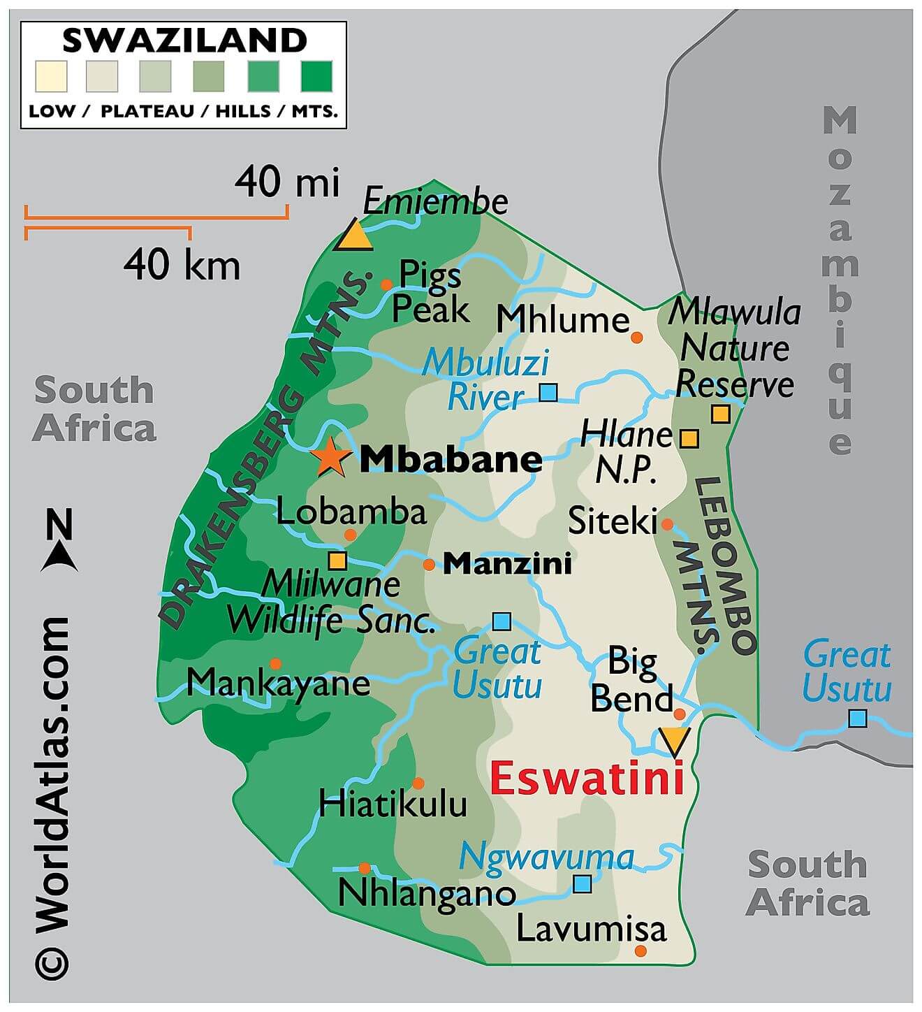 Physical Map of Eswatini