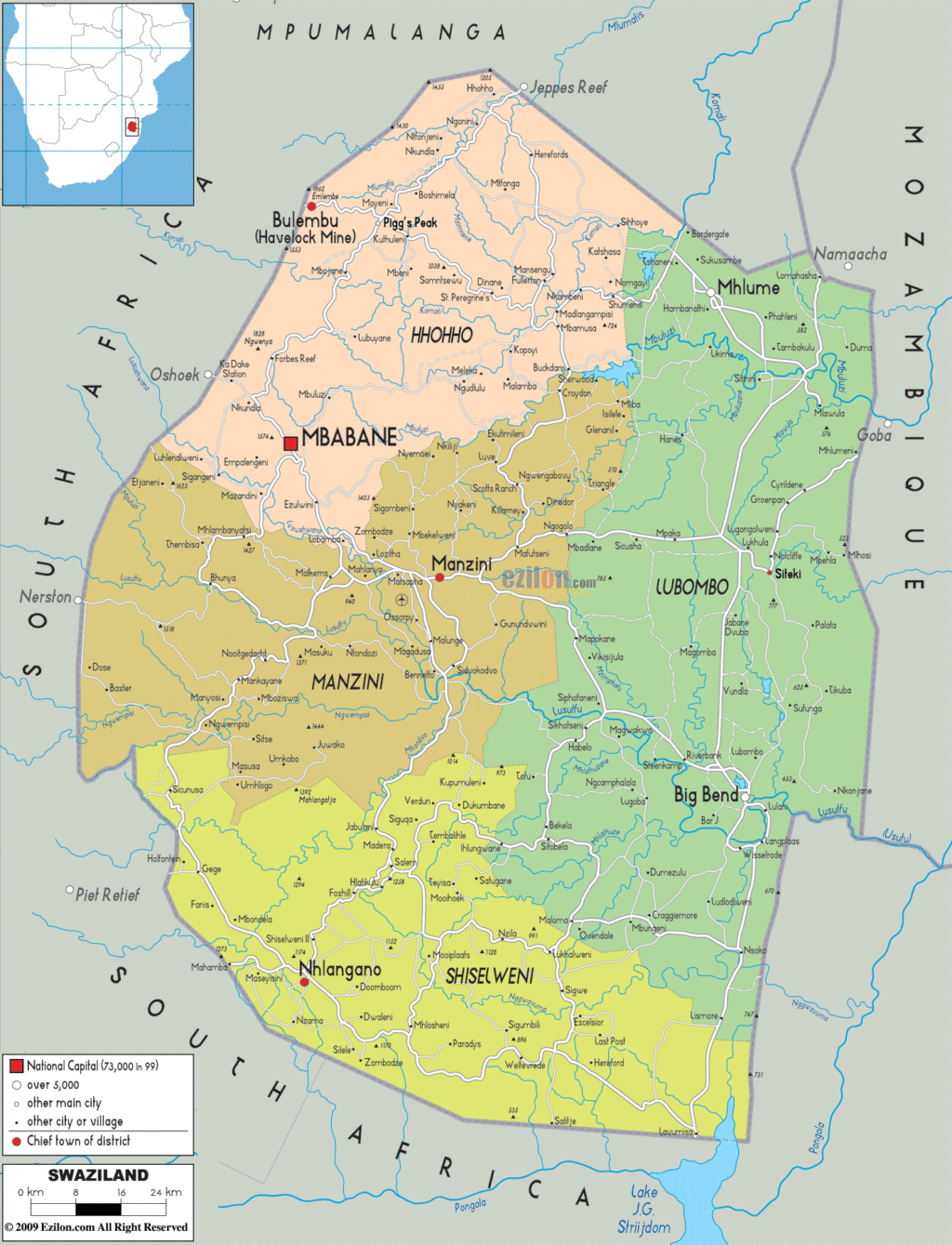 Eswatini political map.