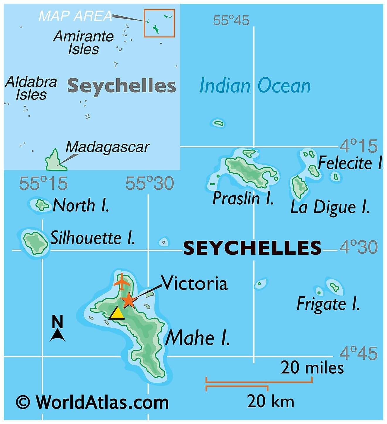Bản đồ vật lý của Seychelles
