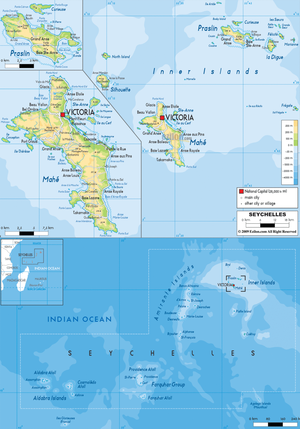 Seychelles physical map.