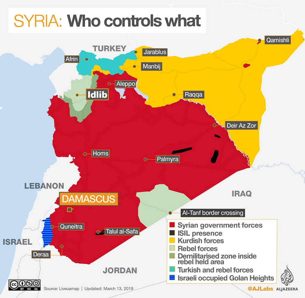 Bản đồ chiến tranh Syria hiển thị vị trí của các vùng lãnh thổ bị chiếm đóng đa dạng