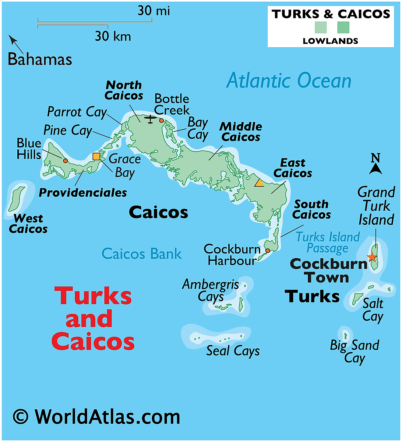 Bản đồ vật lý của Turks và Caicos