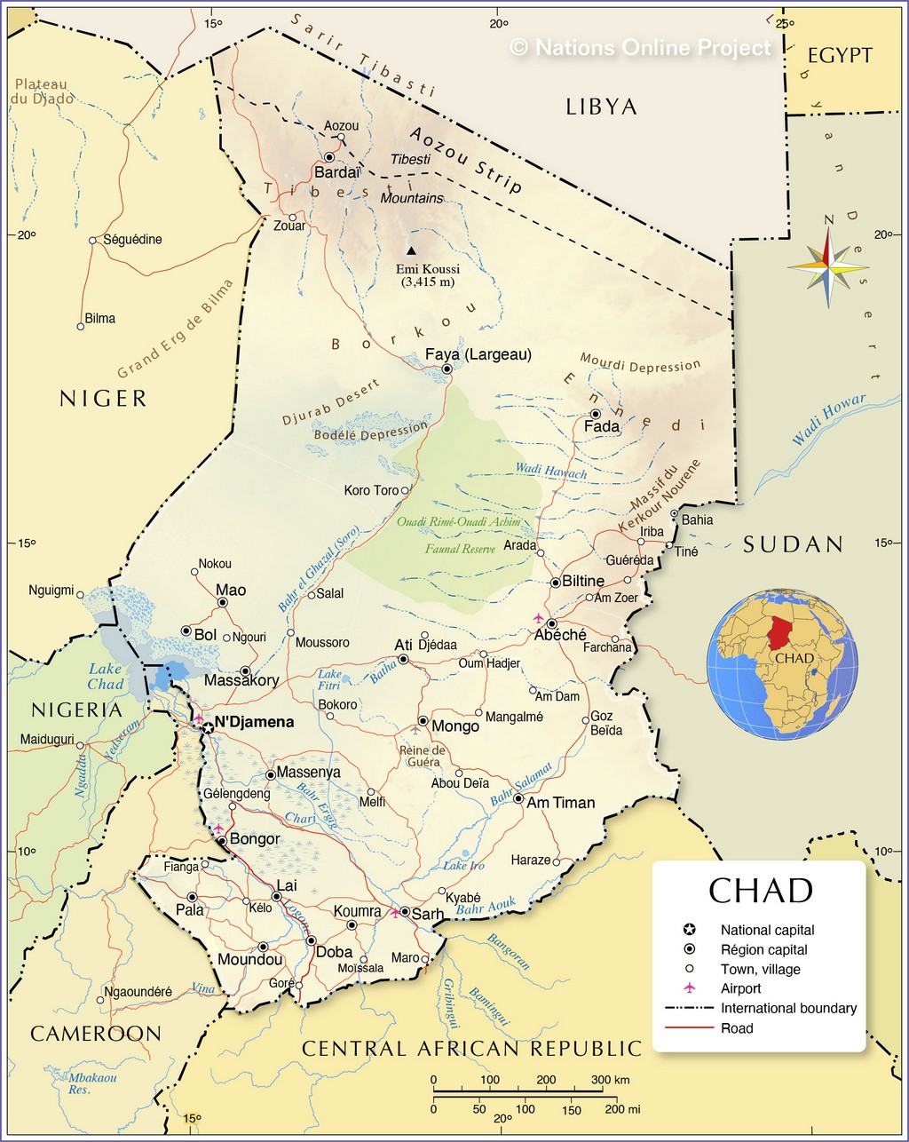 Bản đồ hành chính của Chad với địa hình
