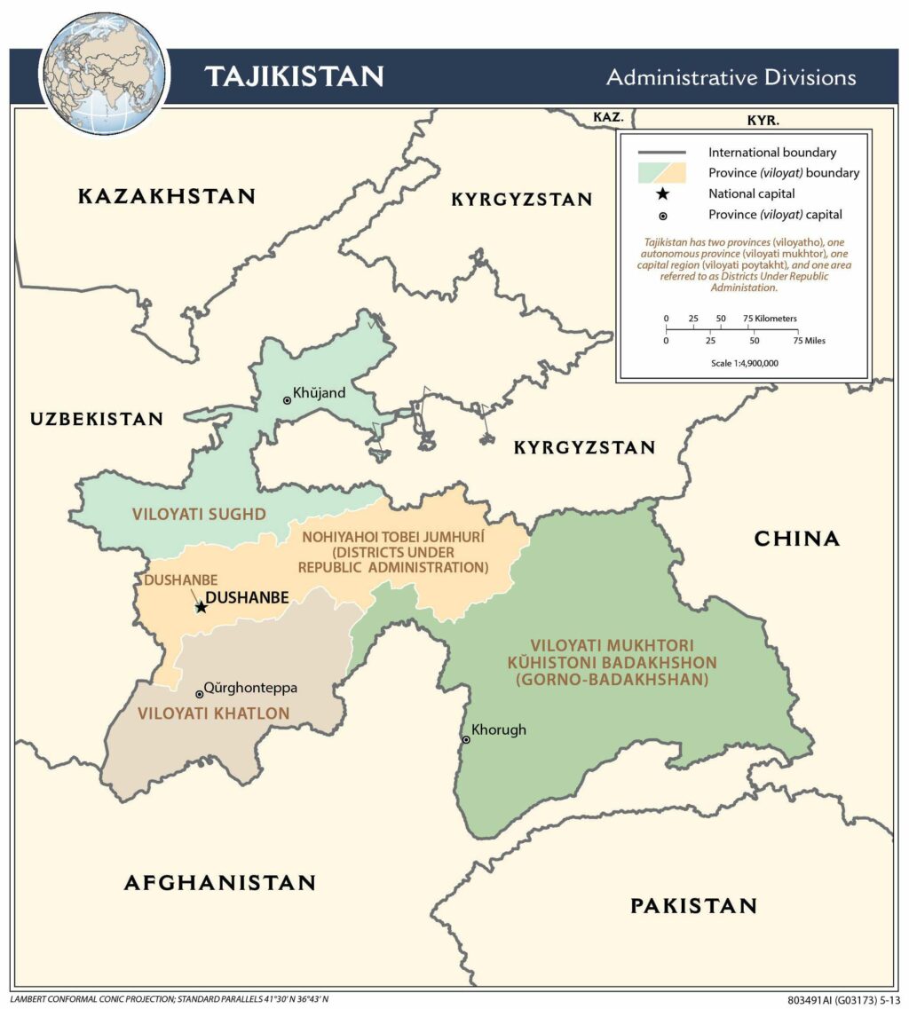Tajikistan administrative map.
