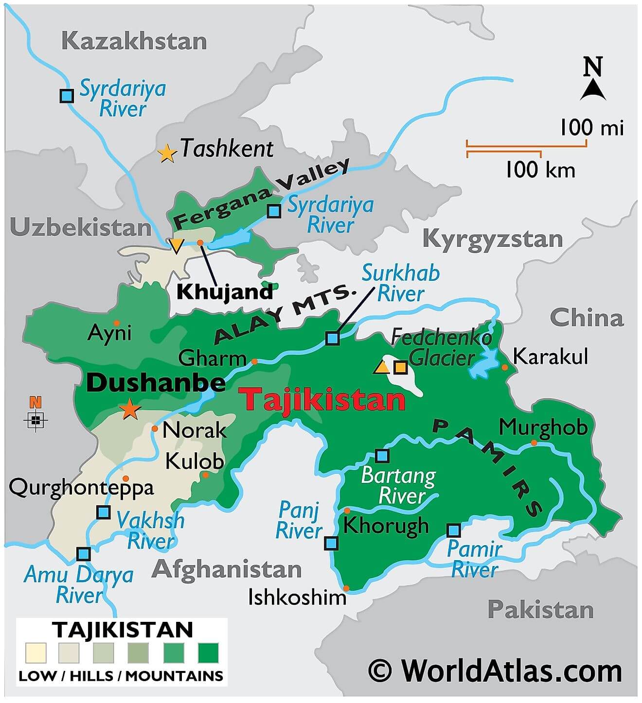 Bản đồ vật lý của Tajikistan