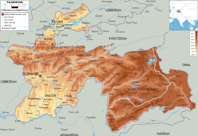 Bản đồ tự nhiên Tajikistan khổ lớn