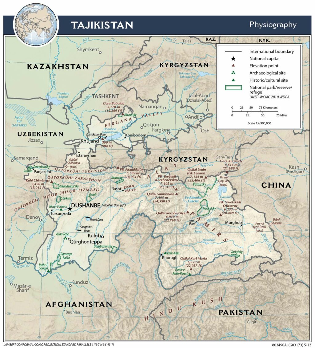 Bản đồ vật lý Tajikistan