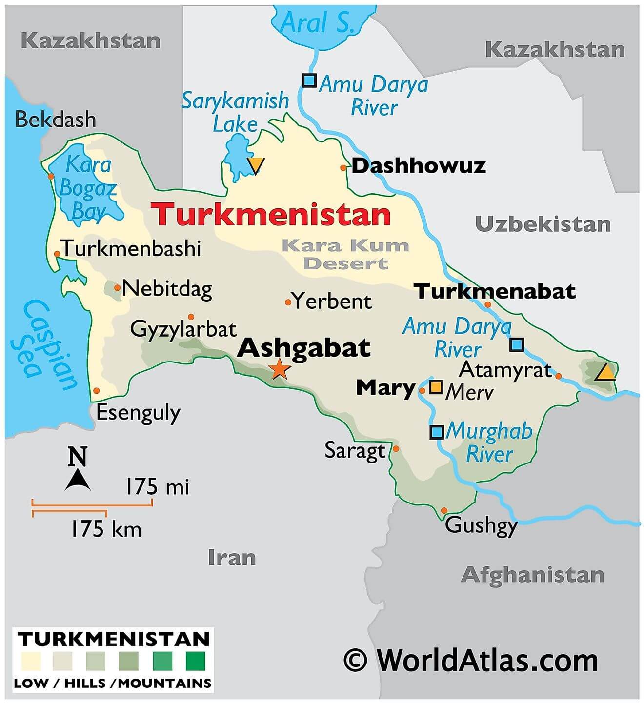 Bản đồ vật lý của Turkmenistan