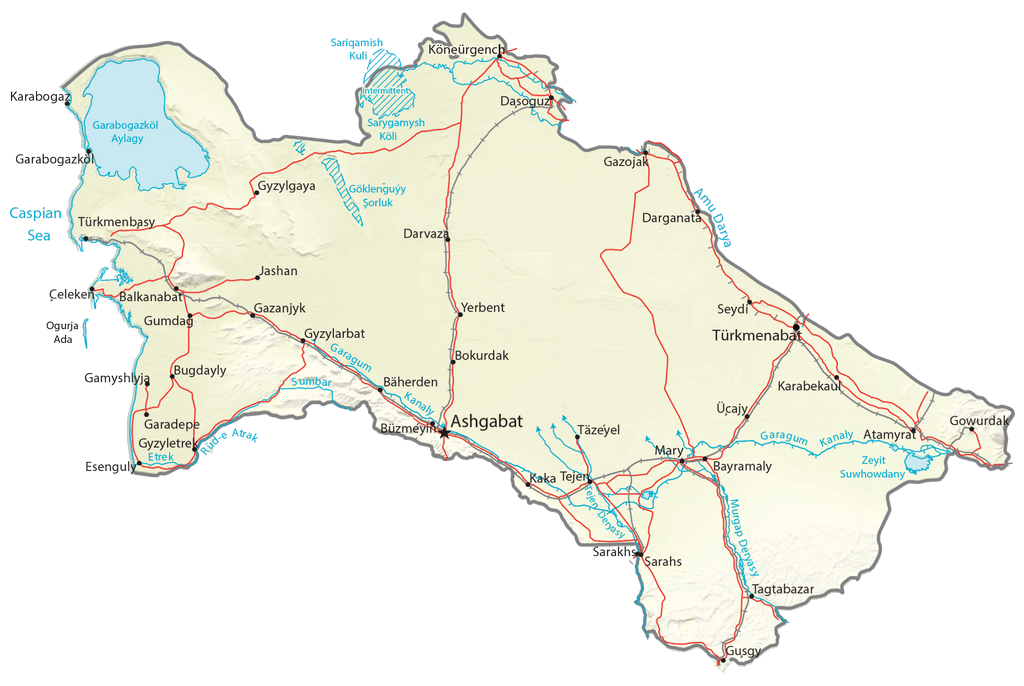 Bản đồ vật lý Turkmenistan