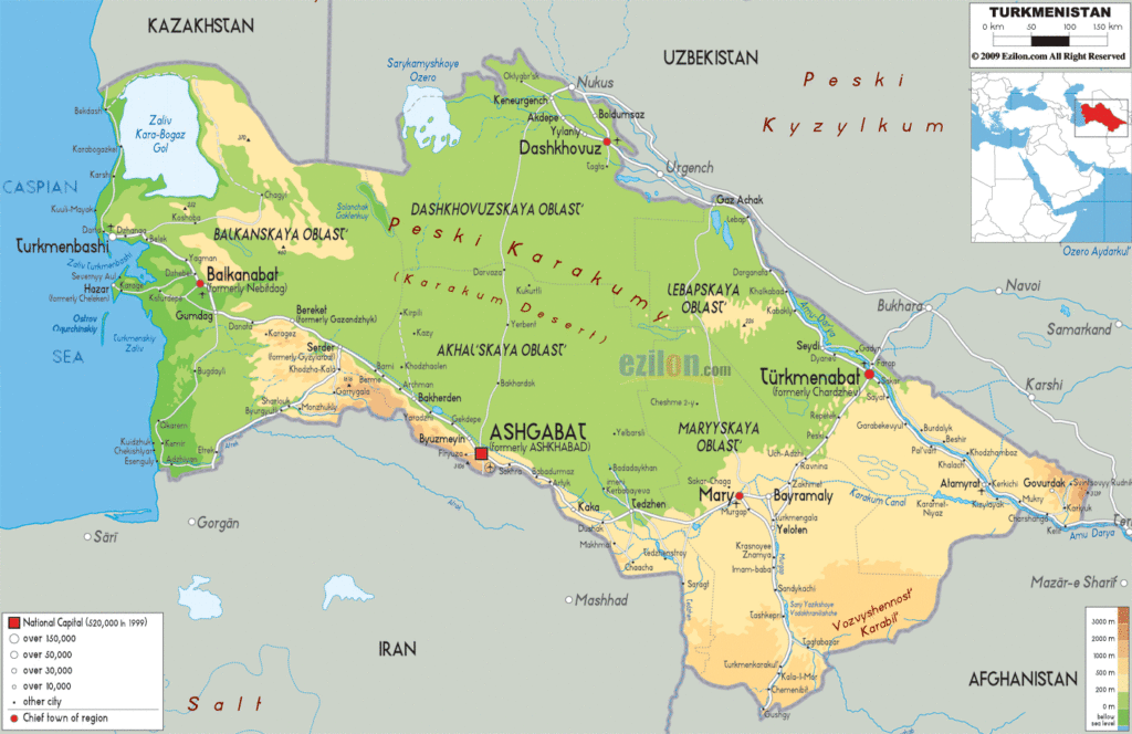 Turkmenistan physical map.