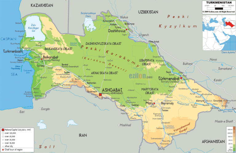 Bản đồ tự nhiên Turkmenistan khổ lớn