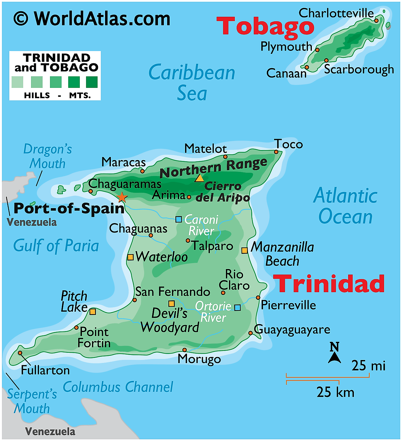 Physical Map of Trinidad and Tobago