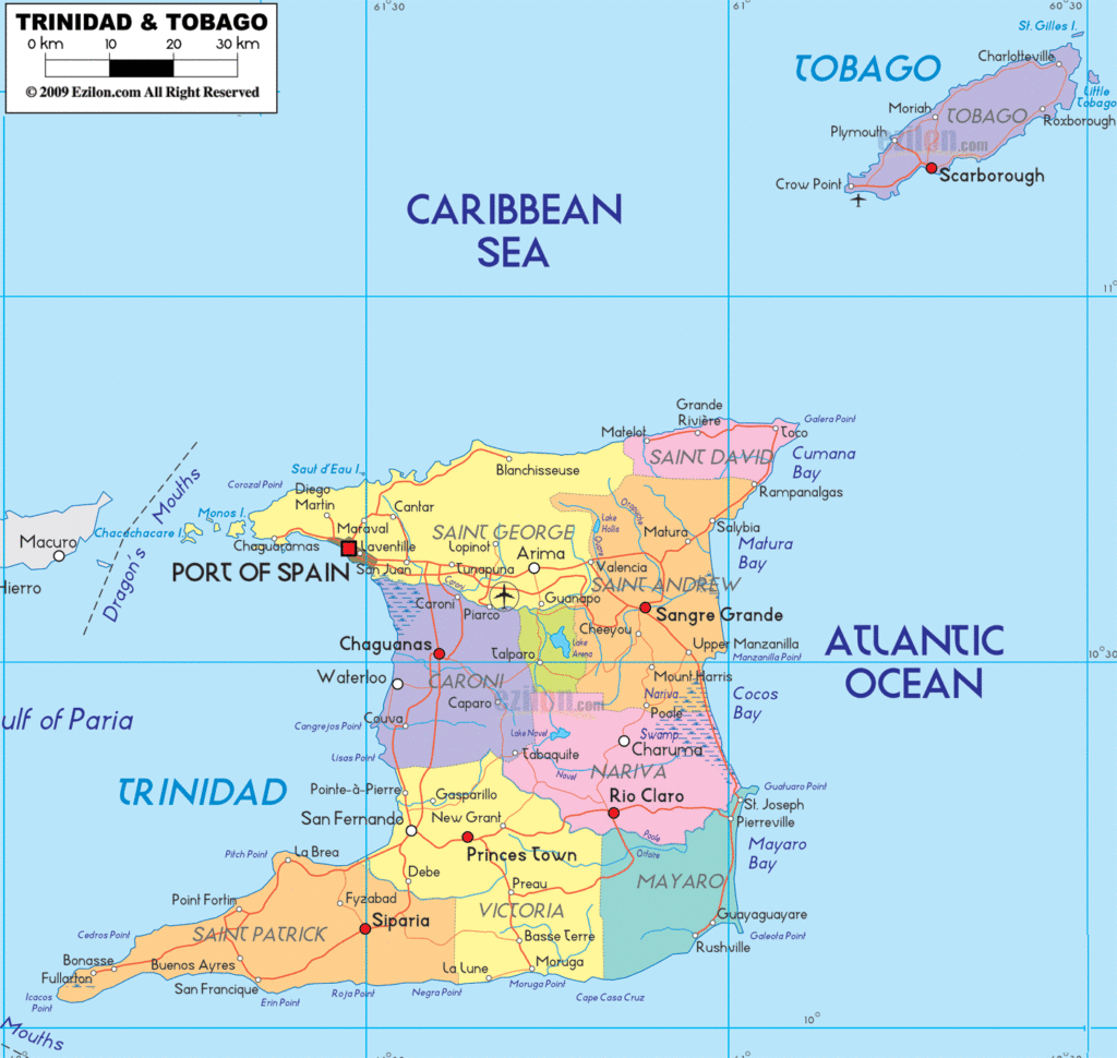 Trinidad & Tobago political map.