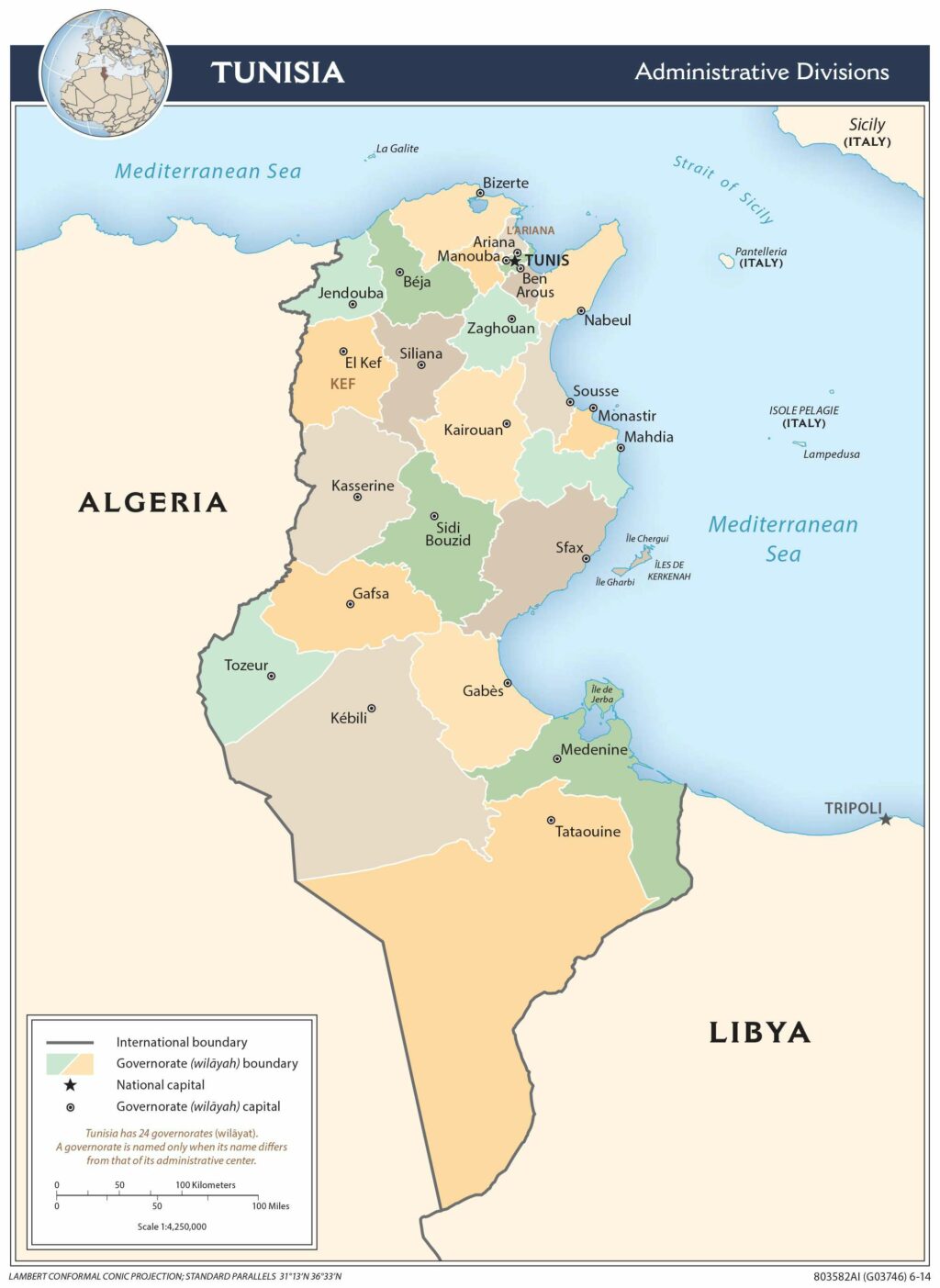 Tunisia administrative map.