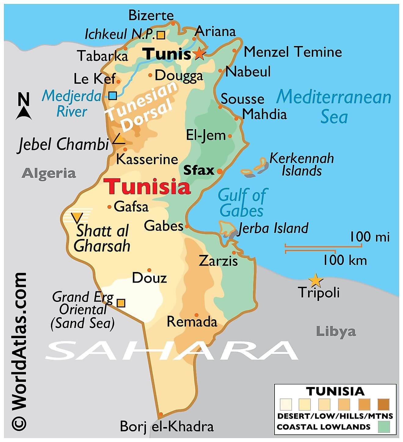 Bản đồ vật lý của Tunisia