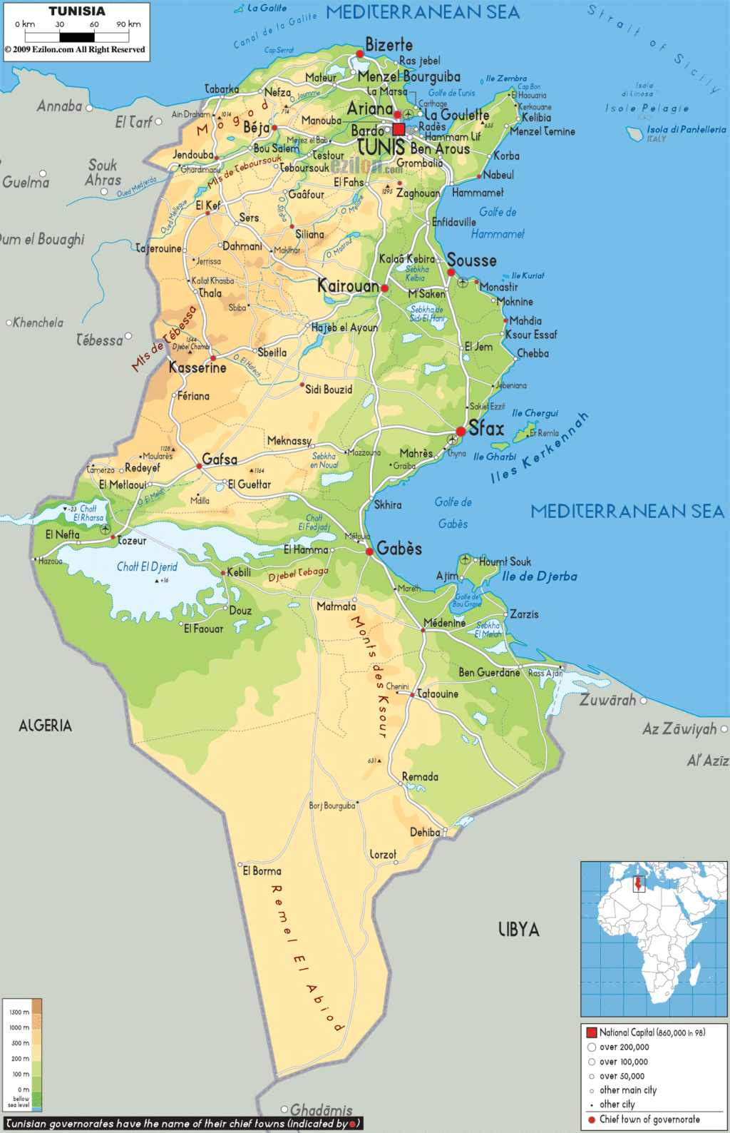 Tunisia physical map.