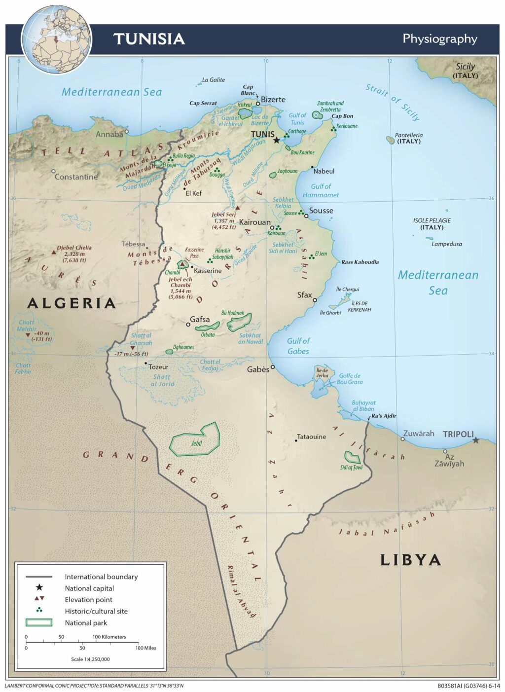Bản đồ vật lý Tunisia