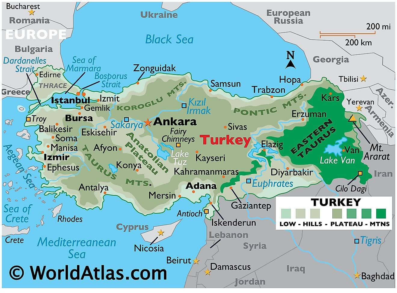 Bản đồ vật lý của Thổ Nhĩ Kỳ