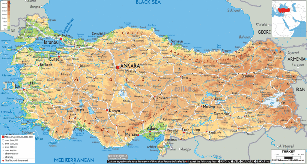 Turkey physical map.