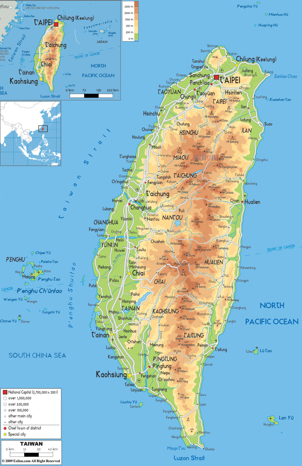 Taiwan physical map.