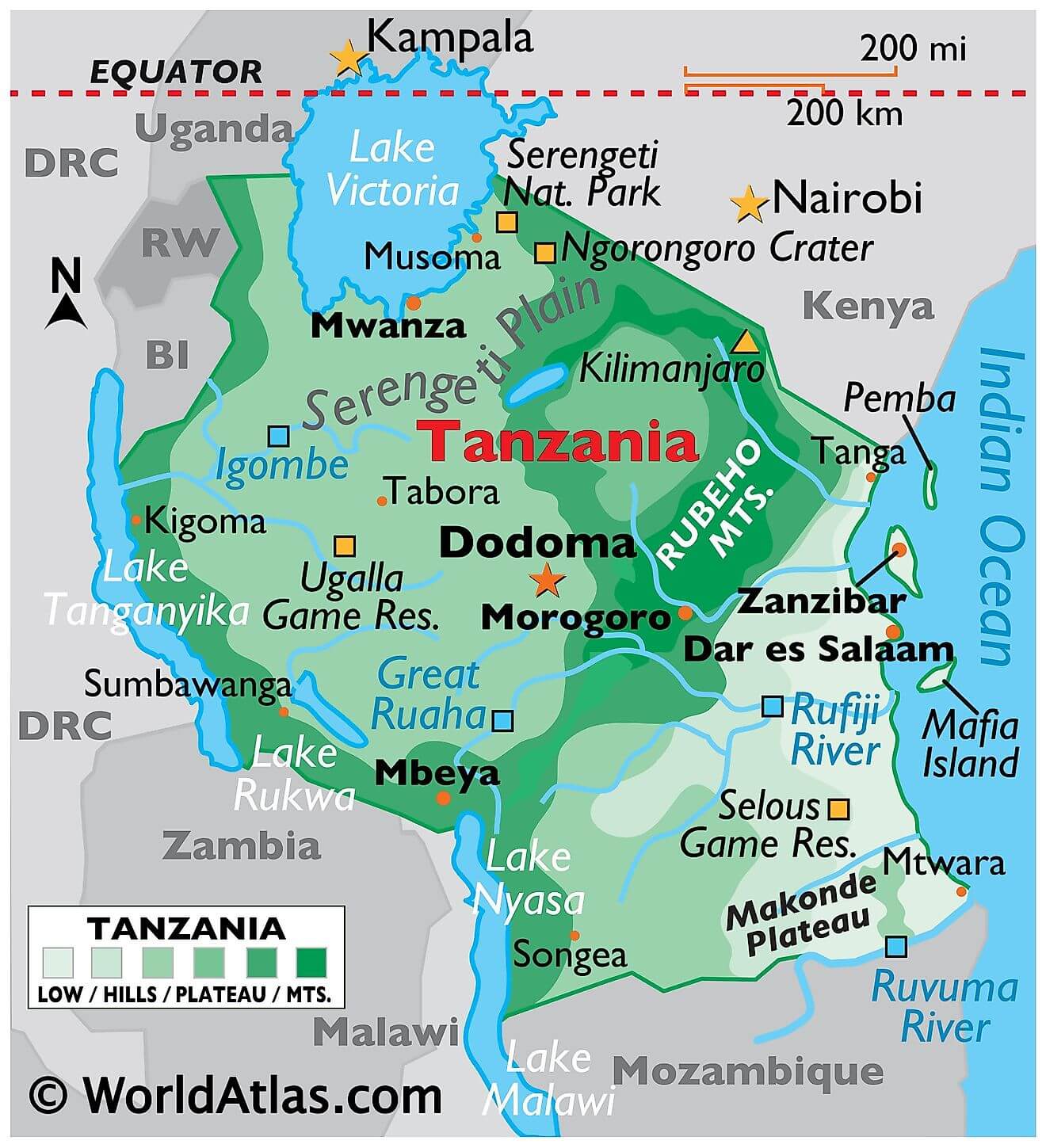 Bản đồ vật lý của Tanzania