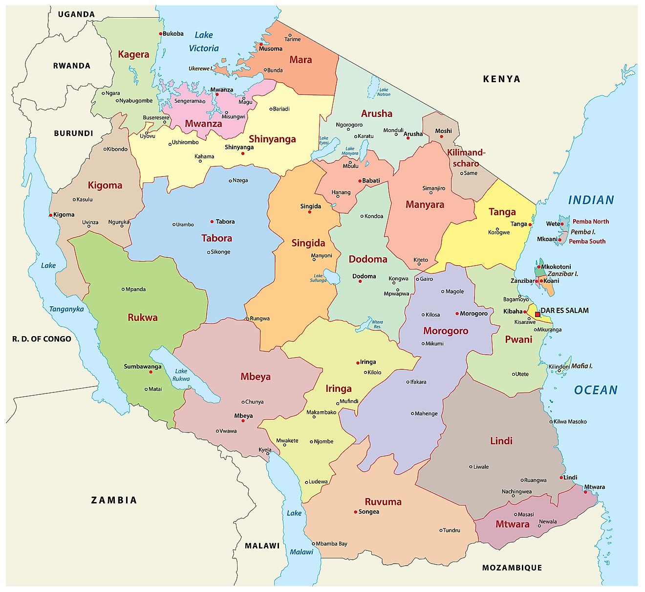 Bản đồ các khu vực của Tanzania