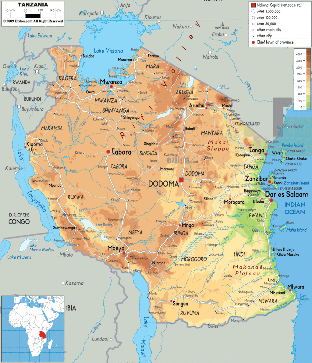 Tanzania physical map.
